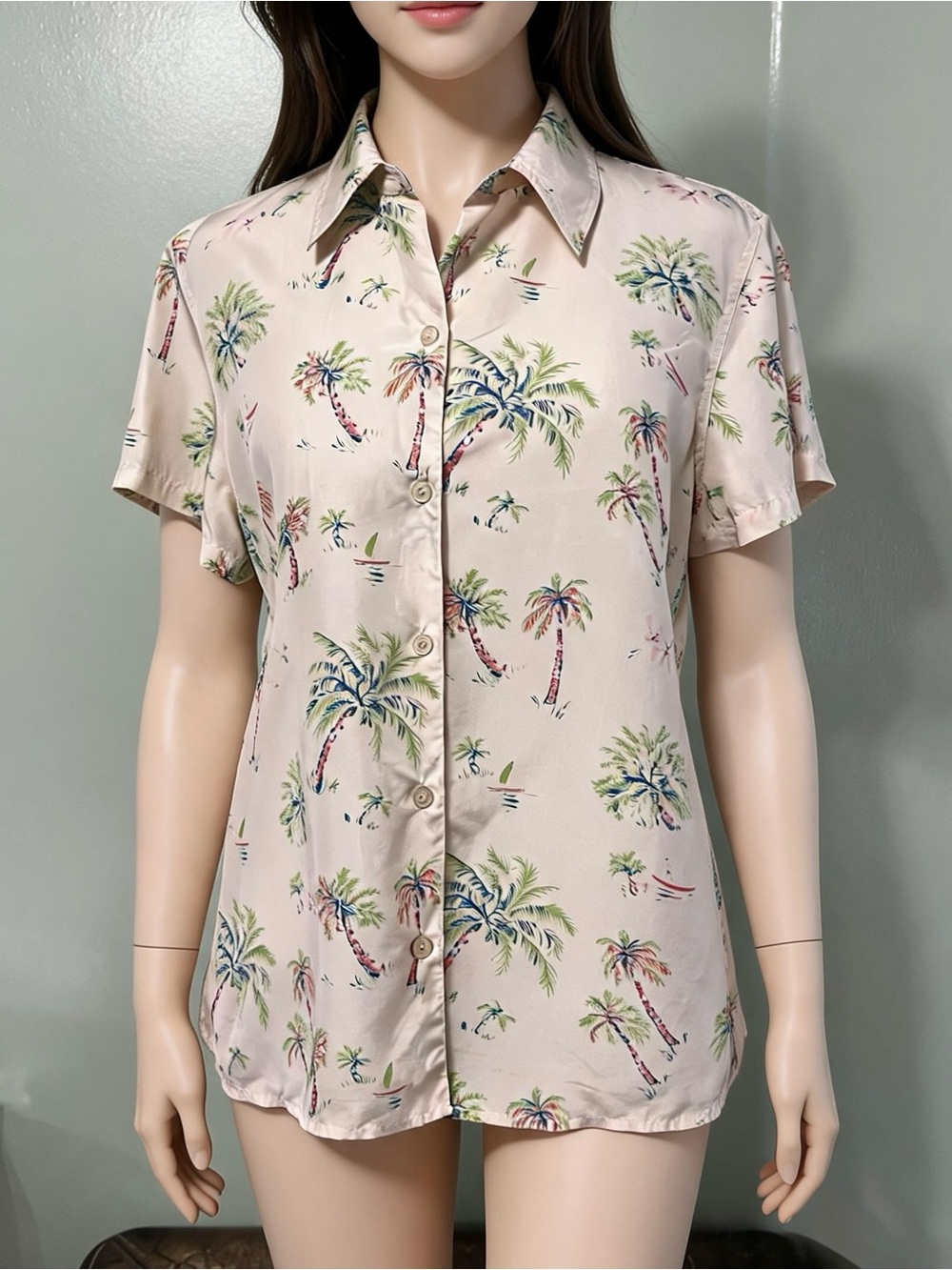 Liz Claiborne Women’s 100% Silk Tropical Print Blouse Short Sleeve Size L Petite